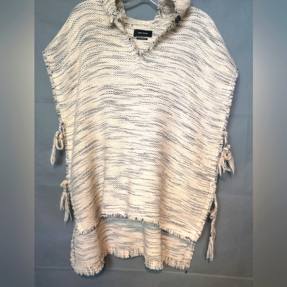 Isabel Marant pre-owned Western Cream/Grey melange hoodie knit fringe poncho